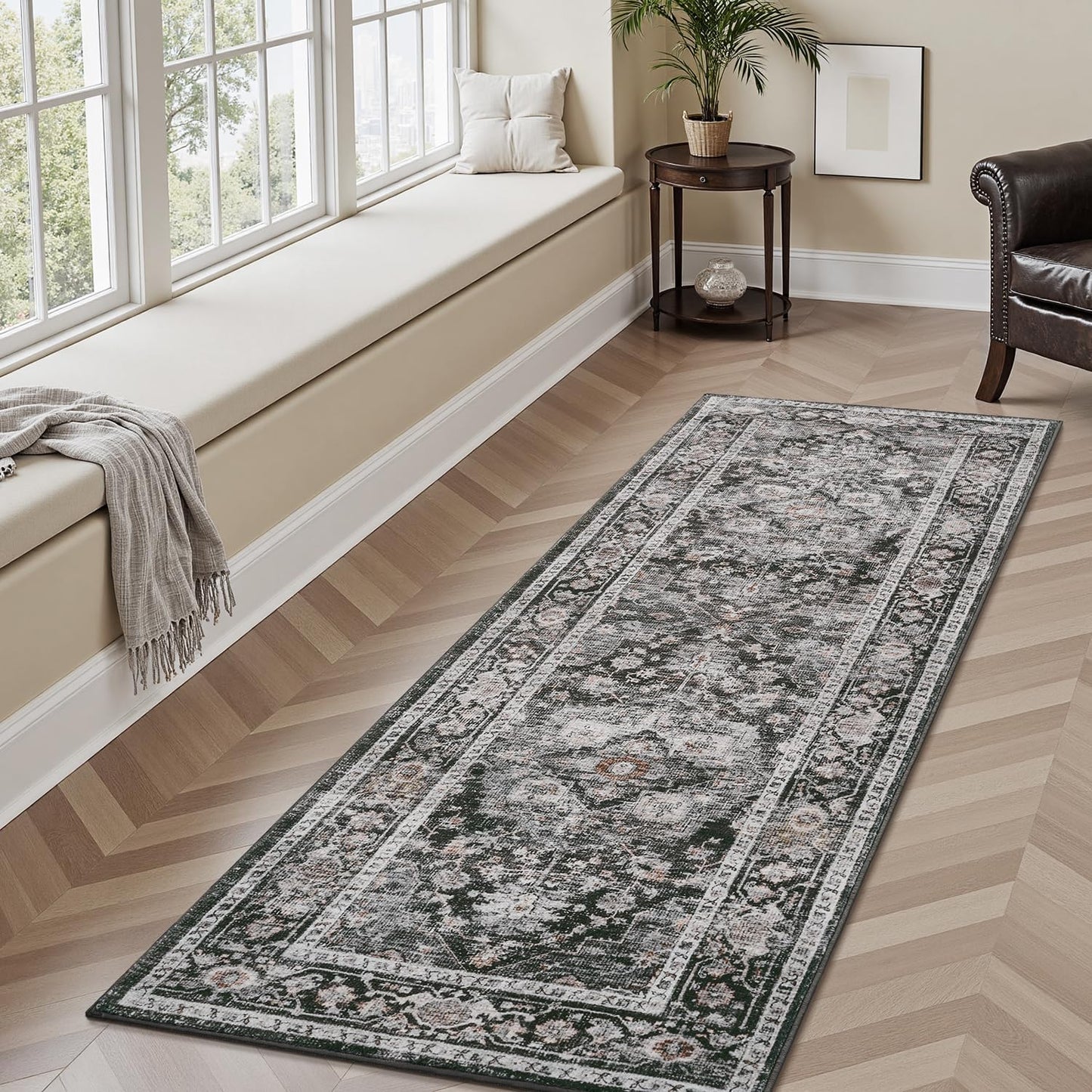 AMOAMI-2X6 Runner Rug-Washable Runners for Hallways-Soft Non Slip Bedside Rugs for Bedroom-Vintage Long Rug for Hallways Entryway Laundry Room Stair Kitchen Bathroom Dark Grey & Black