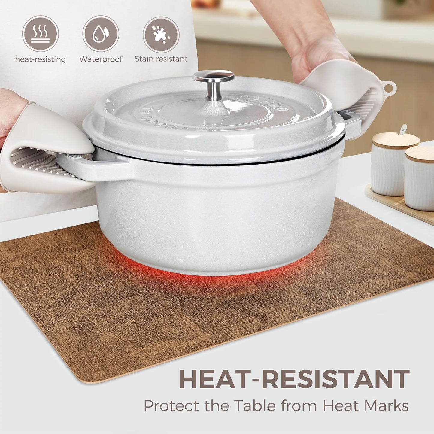 Vinyl Placemats Set of 4, Faux Leather Waterproof and Heat Resistant Place Mats, Washable Anti-Slip Table Mats with Coaster, Wipeable Placemats for Indoor & Outdoor 17" x 12" (Light Brown, Set of 4)