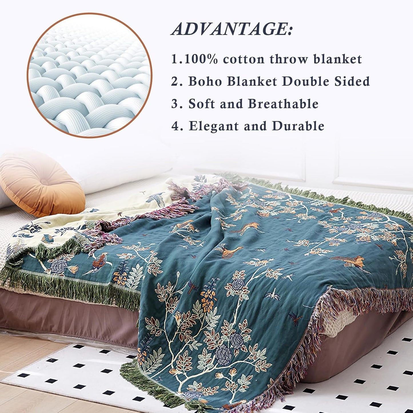 Snycler Boho Throw Blanket for Bed - 100% Cotton Ultra Soft Rustic Quilt Blanket Green Floral Bird Printed Farmhouse Decor Bed Blankets, 60"×80" All Season Rustic Throw for Sofa Chair Couch