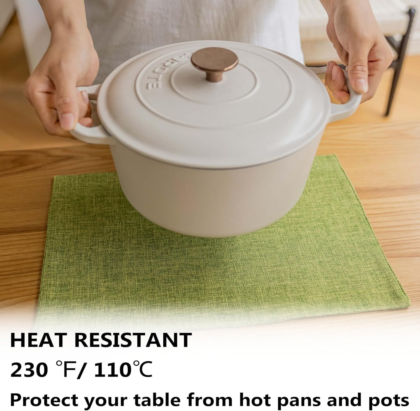 Demetex Table Placemats Set of 8 Olive Green Linen Place Mats Washable Fabric Plate Mats for Picnic Camping Barbecue, 13x19 inch, Lime Green