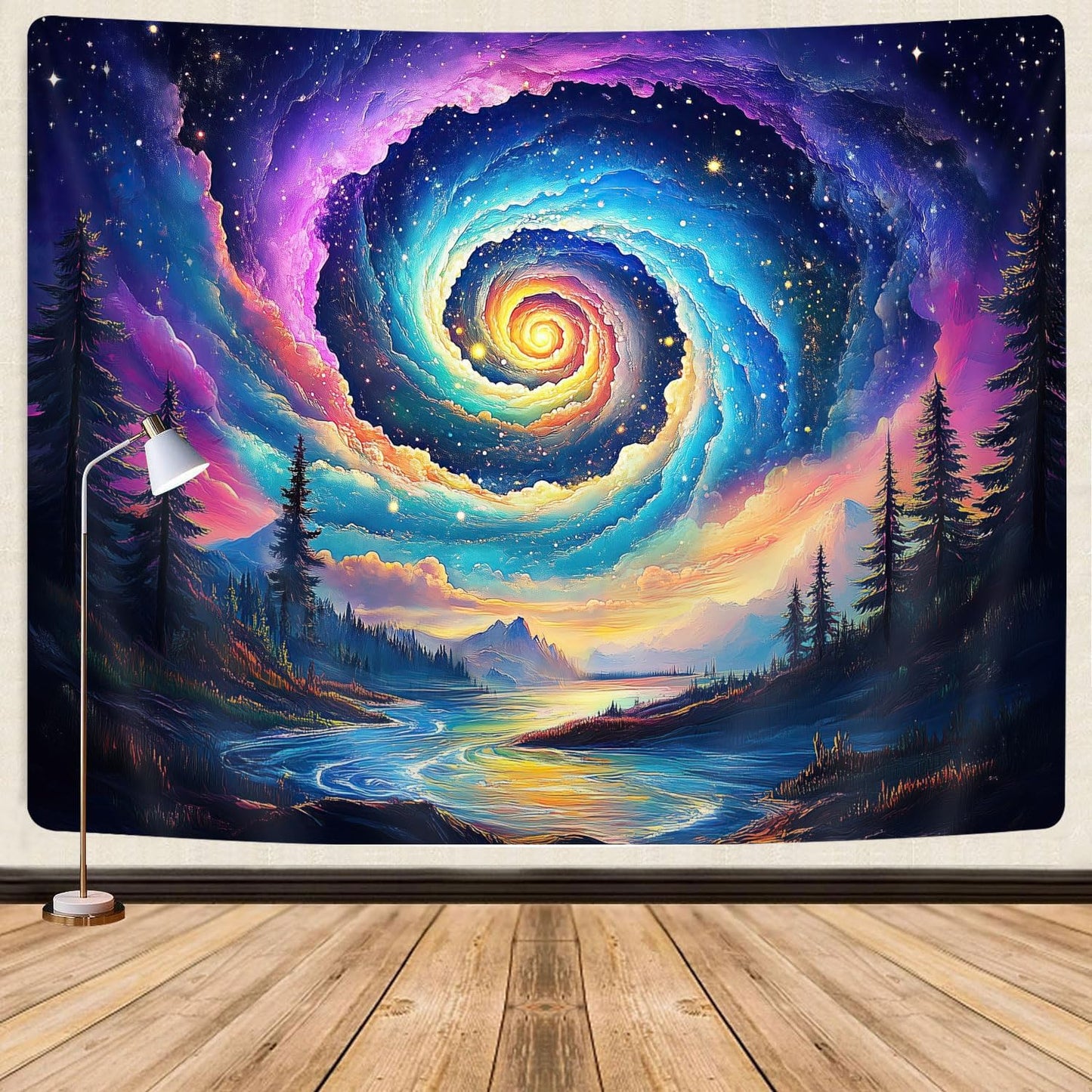 Galaxy Space Tapestry, Cool Colorful Trippy Forest Mountain River Aesthetic Tapestries, Psychedelic Starry Sky Swirls Misty Fantasy Landscape Tapestry Wall Hanging College Bedroom for Guys Men 60X40