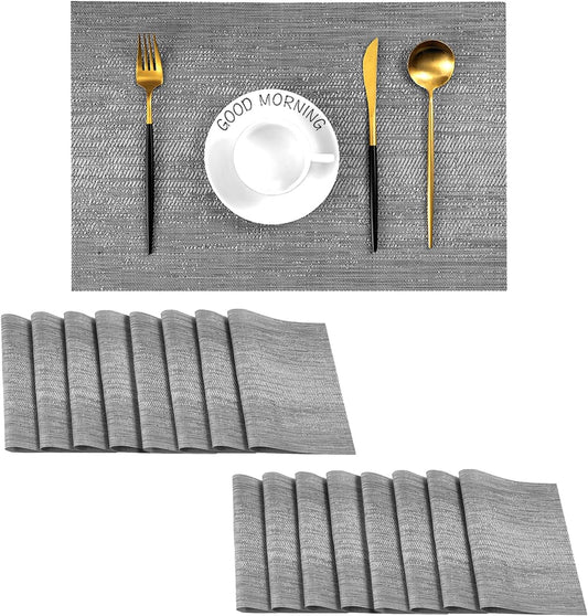 Leetaltree Grey Placemats, Heat Resistant Non-Slip Place mats for Dining Table, Washable Durable PVC Vinyl Woven Table Mats (Set of 16)