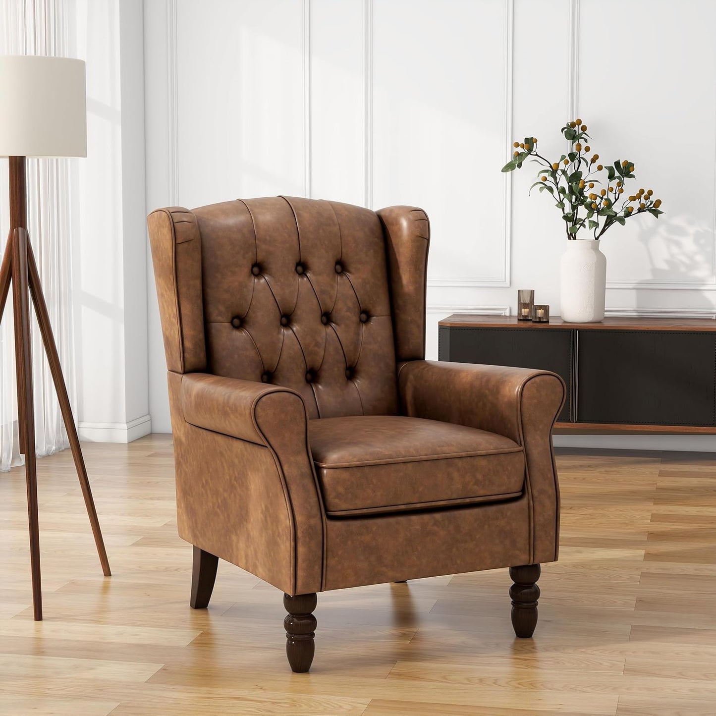 UIXE Faux Leather Accent Chairs Set of 2, High Back Upholstered Armchair for Living Room, Wingback Tufted Arm Chair Comfy Single Sofa Bedroom Reading Seat with Solid Wood Legs - Brown