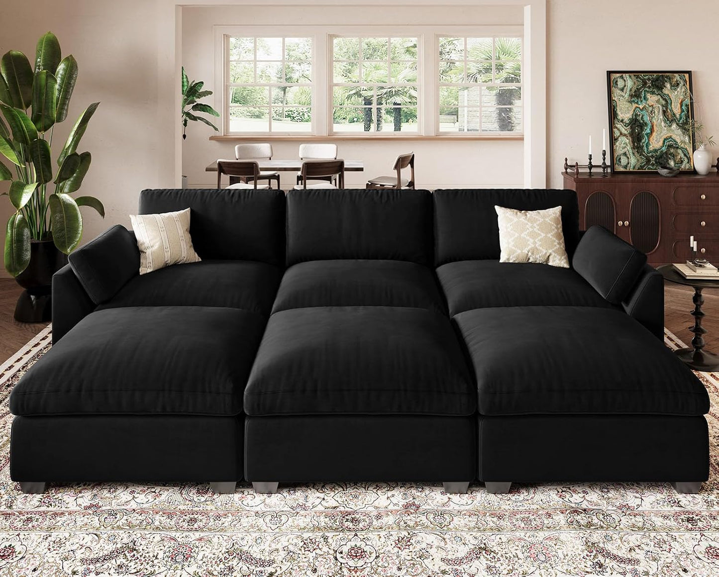 Belffin Sectional Couches for Living Room,106.3" 6-Seater Sleeper Sofa Bed,Extra Deep Seat Velvet Cloud Couch with Ottoman,Modular Sectional Sofa with Washable Covers,Black