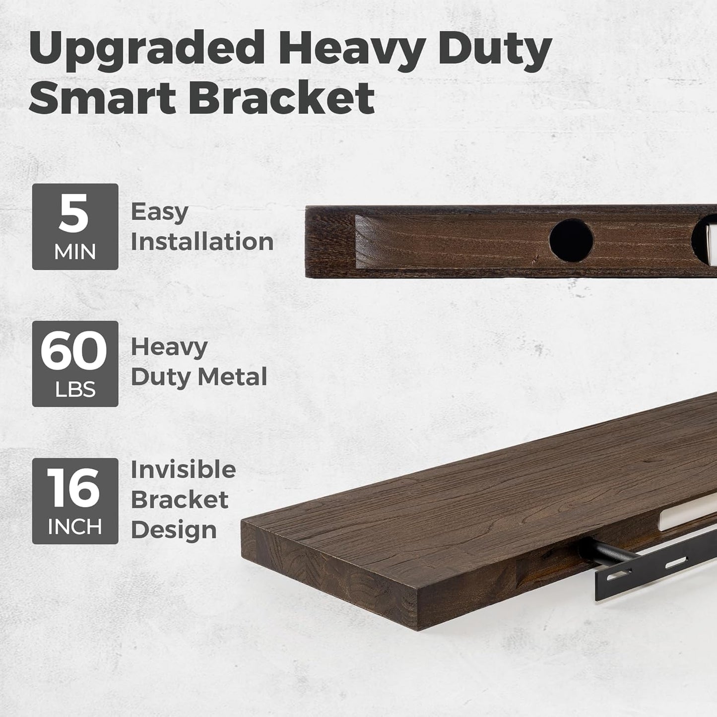 RICHFOCUS Elm Floating Shelves for Wall - 48" W x 9.3" D Rustic Solid Wood Shelves with Invisible Bracket, Wall-Mounted for Living Room, Bedroom, Kitchen Storage & Display, Set of 1, Walnut