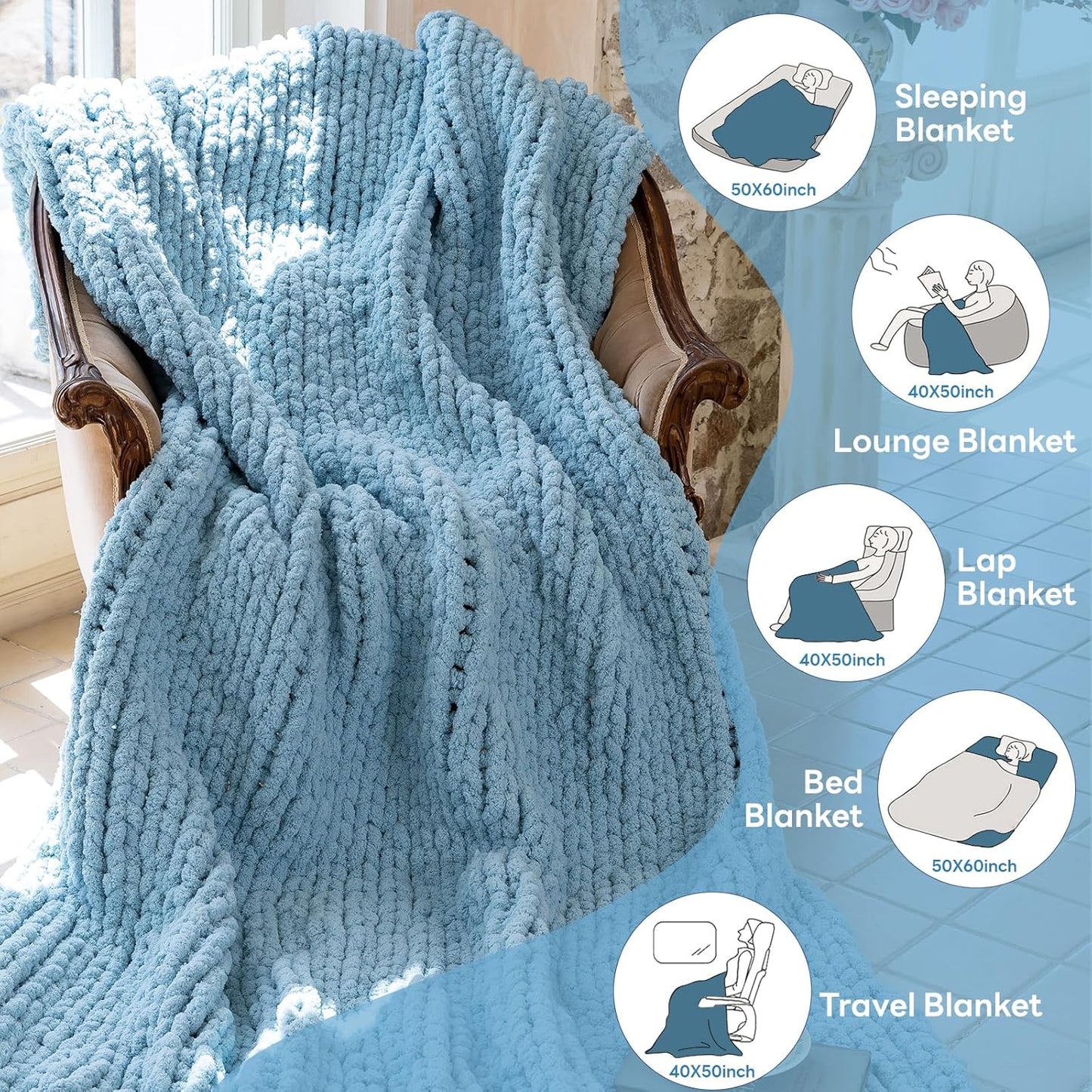 Chunky Knit Blanket - Luxury Soft Cozy 50 * 60 Throw Blanket,100% Woven Blanket Rope Knot Throw Blanket for Couch, Sofa, Home Decor, Gift - Machine Washable（Light Blue）