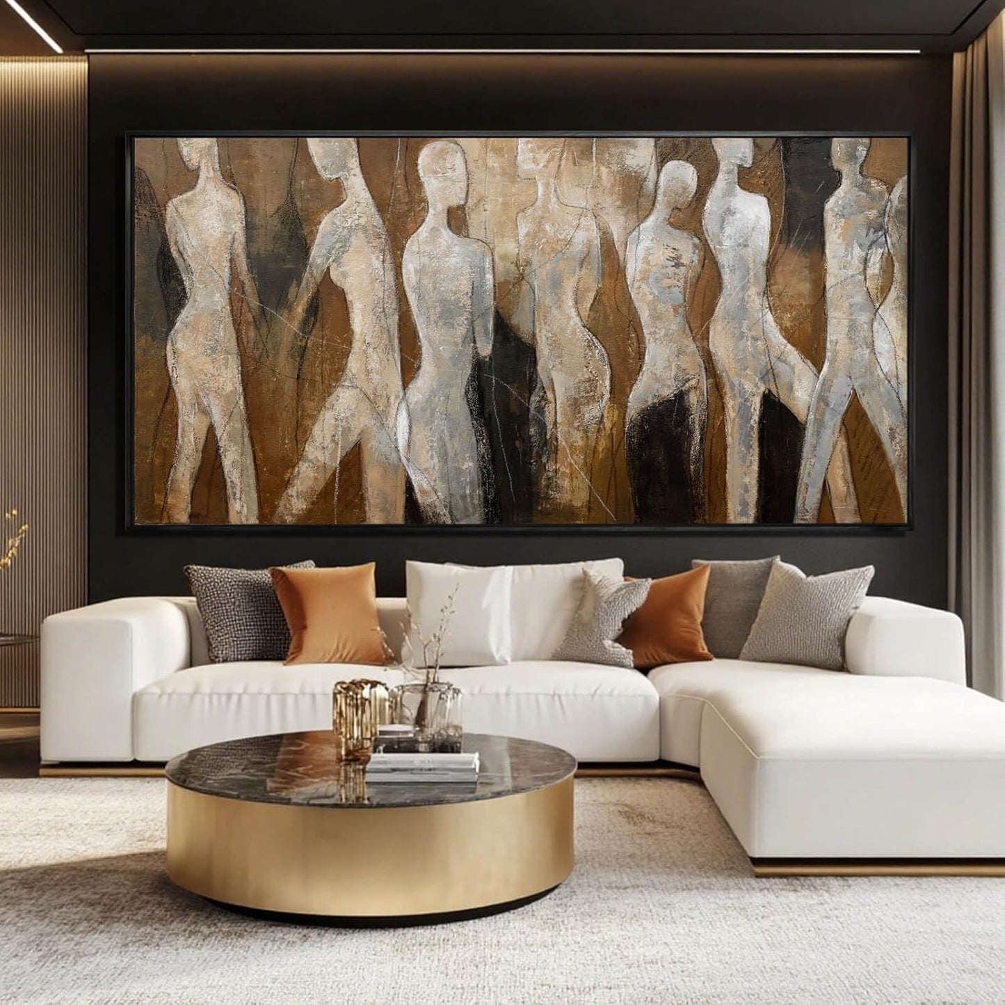 Black Line Wall Decor Brown Canvas Wall Art Figure Wall Decorations 29"x58" Large Pictures for Living Room Artwork for Office