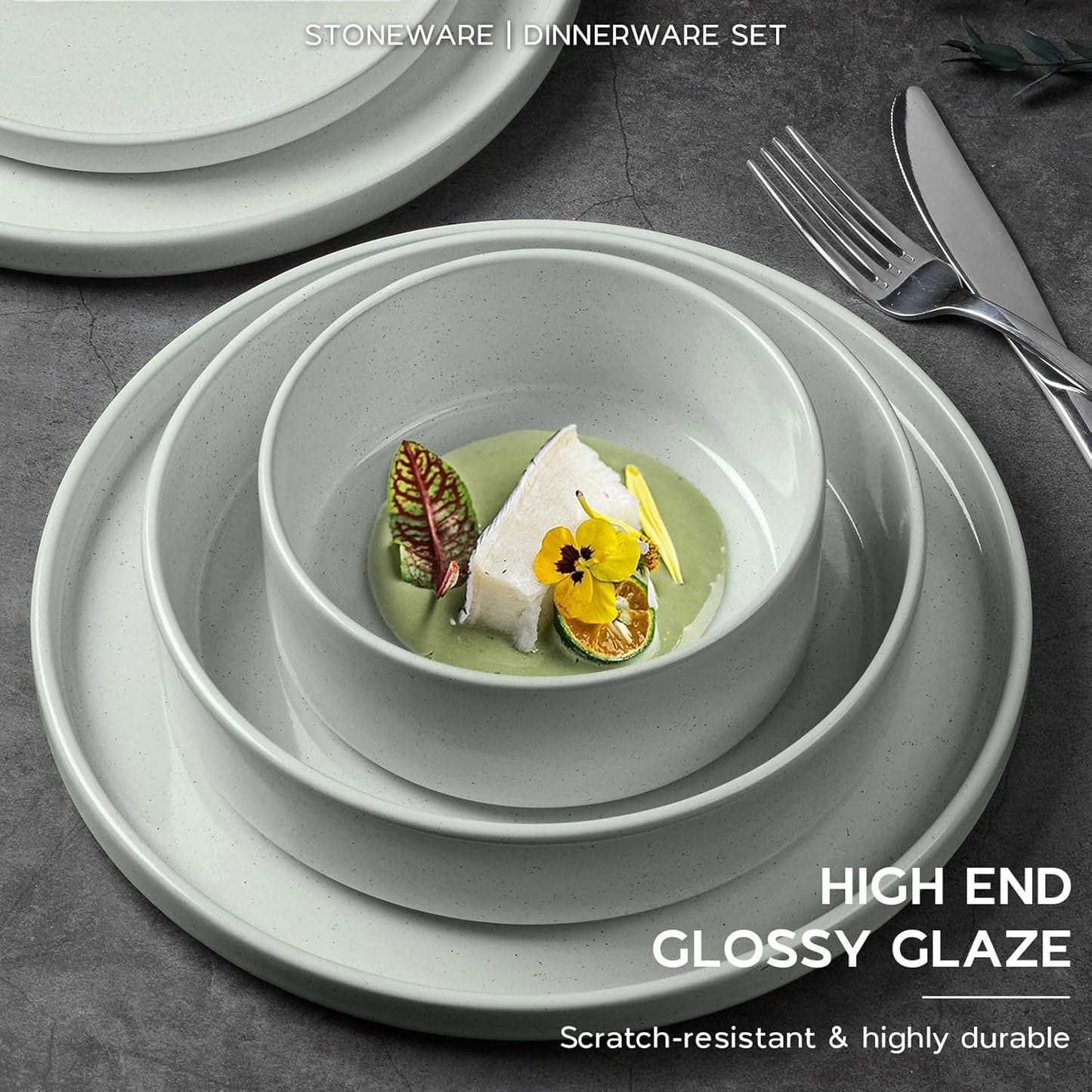 Onader Stoneware Dinnerware Sets for 6 with Double Bowl, 24 Piece Plates and Bowls Dish Dinner Set, Speckled Kitchen Dishware Tableware – Pale Sage Green