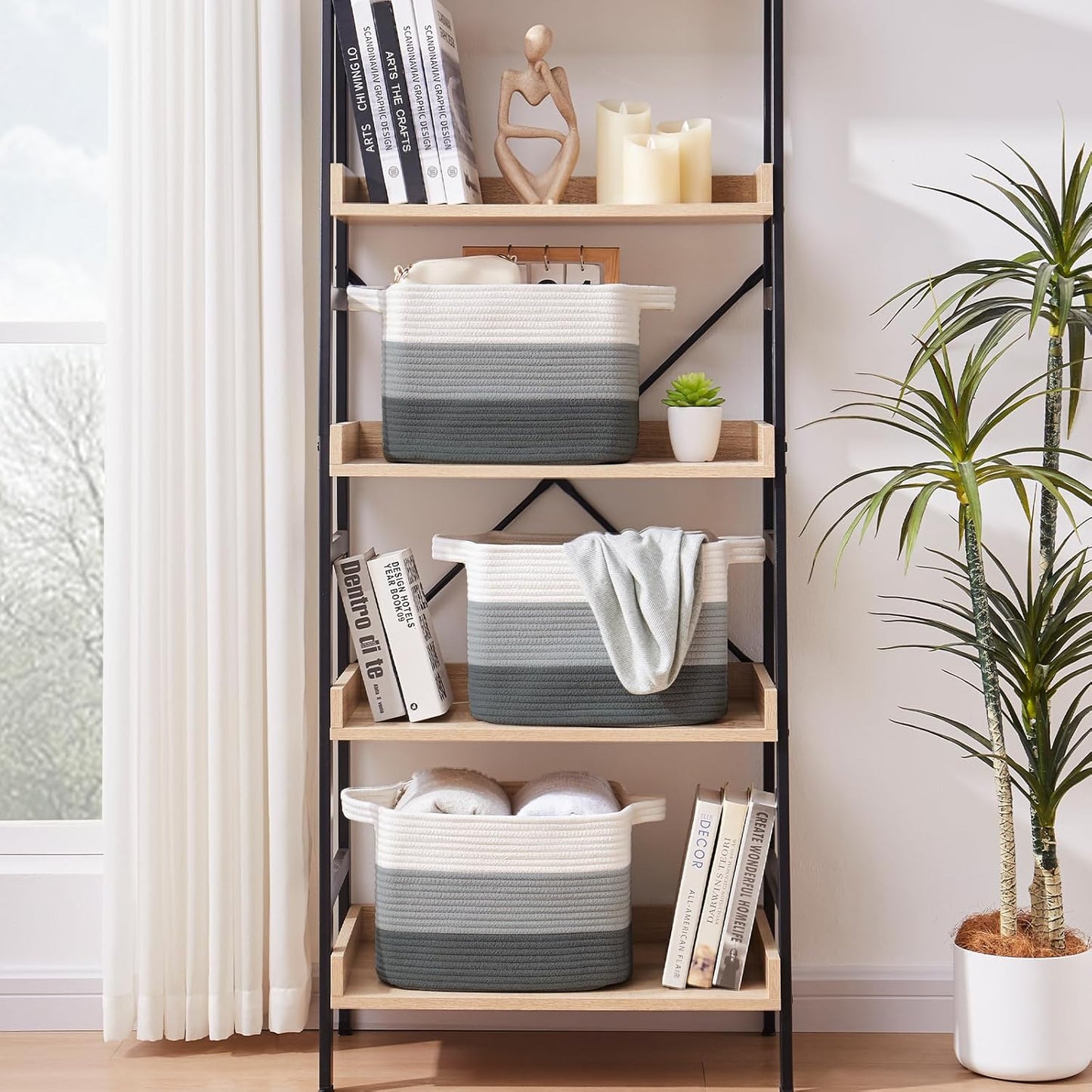 OIAHOMY Storage Basket, Woven Baskets for Storage, Cotton Rope Basket for toys,Towel Baskets for Bathroom - Pack of 3, Gradient Dark Gray