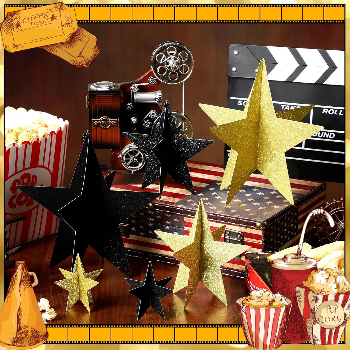45 Pcs 3D Star Centerpieces Movie Night Decorations for Table in 3 Sizes Hanging Supplies for Red Carpet Film Show Theme Birthday New Year Party First Day of School Table Decor(Black and Gold)