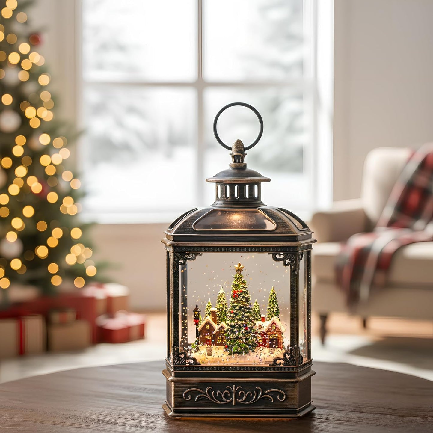 Christmas Snow Globe Lantern Water Glittering Xmas Village with Music & Timer, USB Lined/Battery Operated Lighted Lantern for Christmas Festival Decoration Gifts