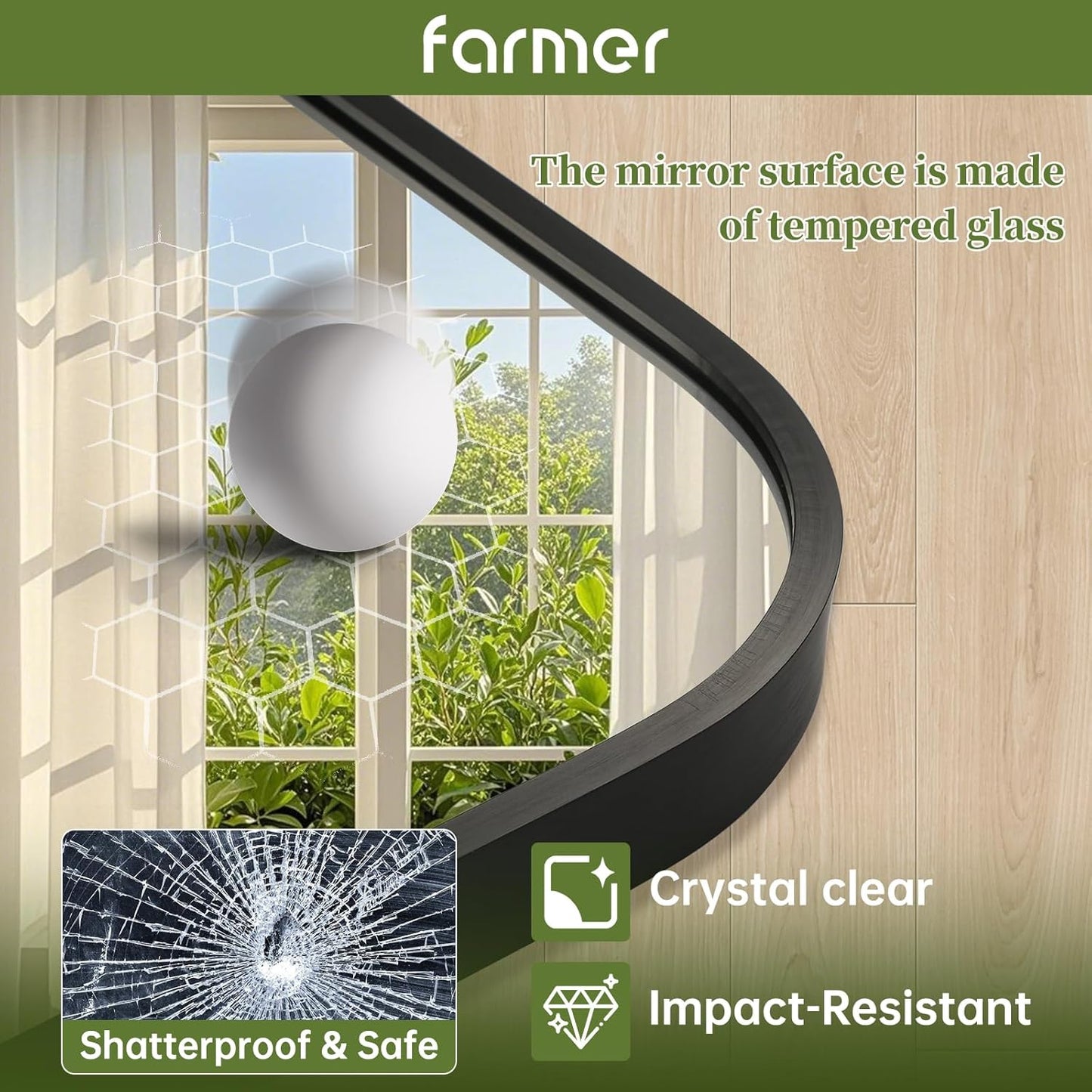 FARMER 26x38 Inch Black Bathroom Mirror, Rectangle Vanity Mirror, Brushed Mirrors for Wall, Metal Frame Hanging Mirror with Round Corner for Bedrooms, Entryways, Living Rooms, Horizontal/Vertical