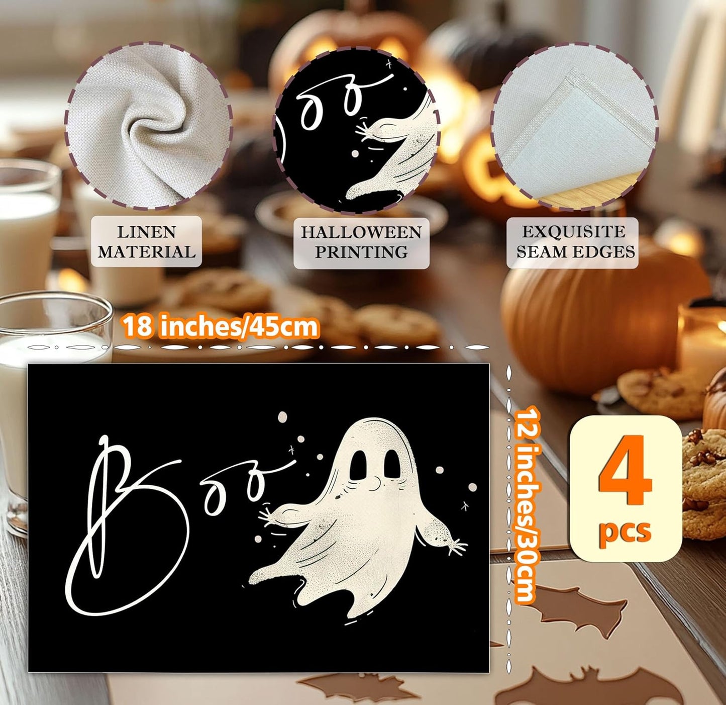 Funny Halloween Placemats Set of 4, 12x18 Inch Boo Decorative Table Mats, Washable Heat Resistant Place Mats for Kitchen Dining Table, Halloween Themed Decoration for Home-B03