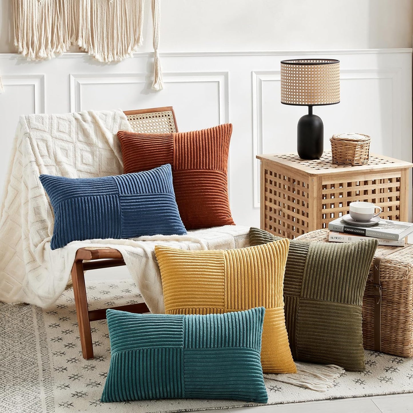 Fancy Homi 2 Packs Teal Lumbar Decorative Throw Pillow Covers 12x20 Inch for Living Room Couch Bed Sofa, Rustic Farmhouse Boho Home Decor, Soft Striped Corduroy Rectangle Accent Cushion Case 30x50 cm