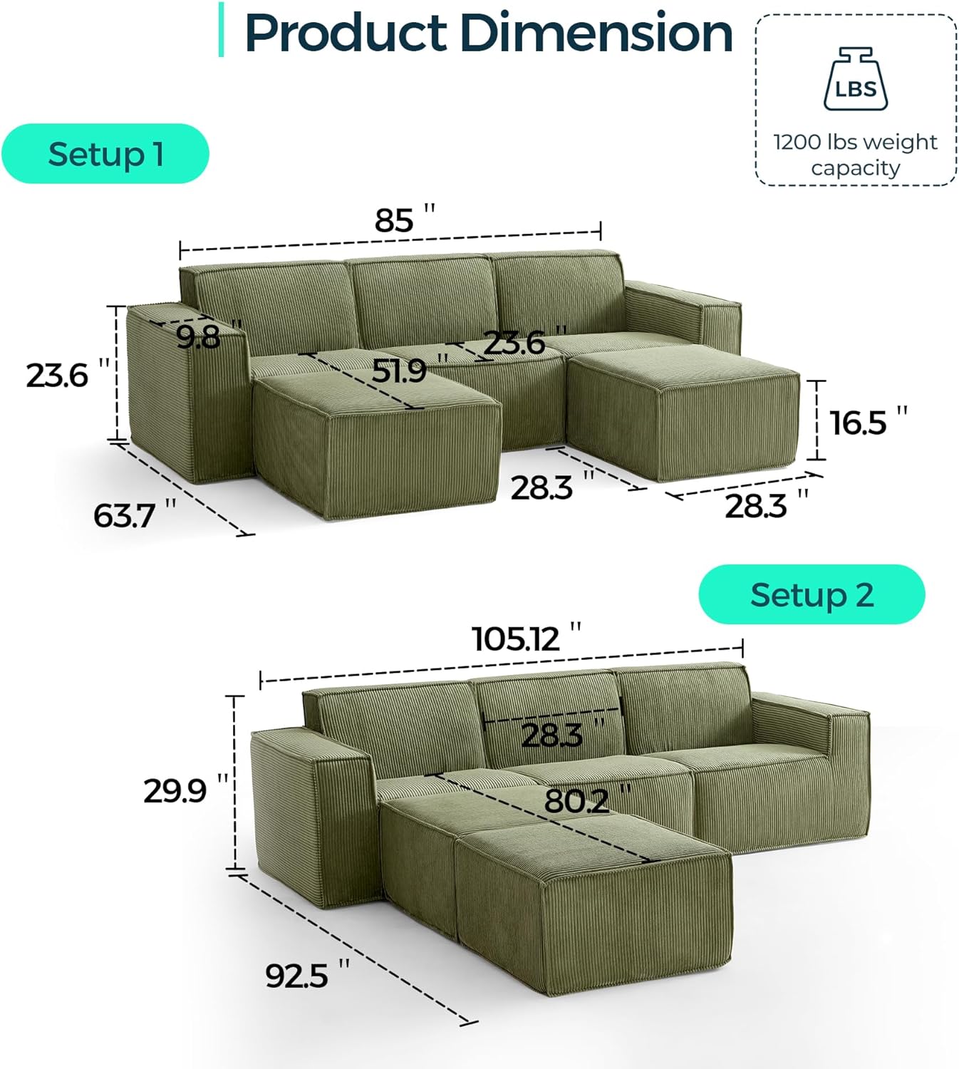 LINSY HOME Modular Sectional Sofa, 105" Boneless Couch U Shaped 3-Seat Sofa with 2 Ottomans, Corduroy Sectional Cloud Couches for Living Room, No Assembly Required, Green