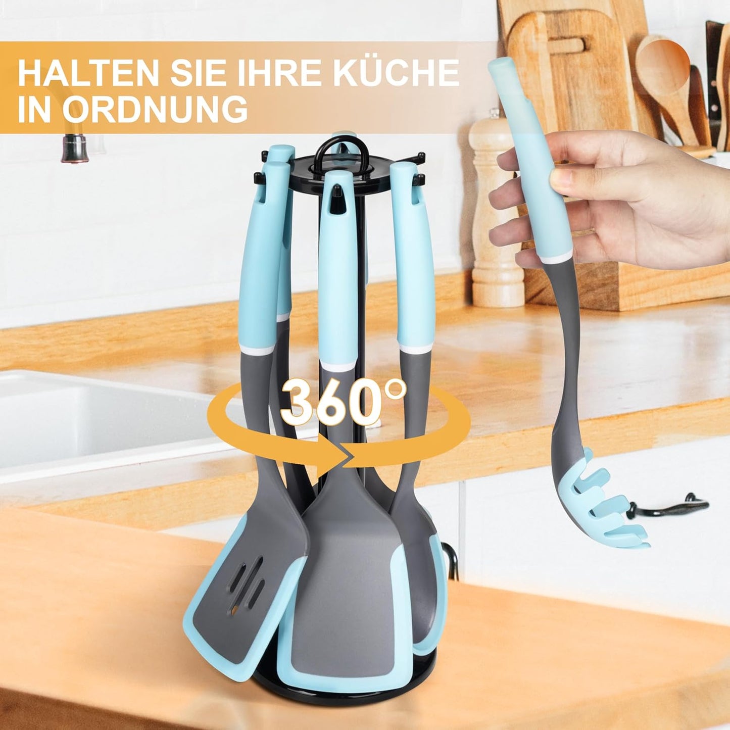 6-Piece Silicone Kitchen Utensil Set with Rotating Stand, Non-Stick, Heat-Resistant (400°F), Nylon Handle, Cooking Spatula Set for Baking & Cooking, Light Blue