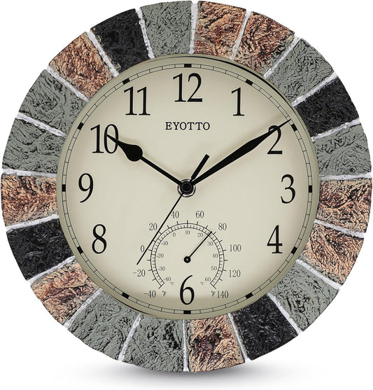 eYotto 10 Inch Small Indoor/Outdoor Waterproof Wall Clock with Thermometer Silent Non-Ticking Battery Operated Wall Clocks Weatherproof for Patio, Pool, Garden, Lanai, Fence, Porch, Deck, Bathroom