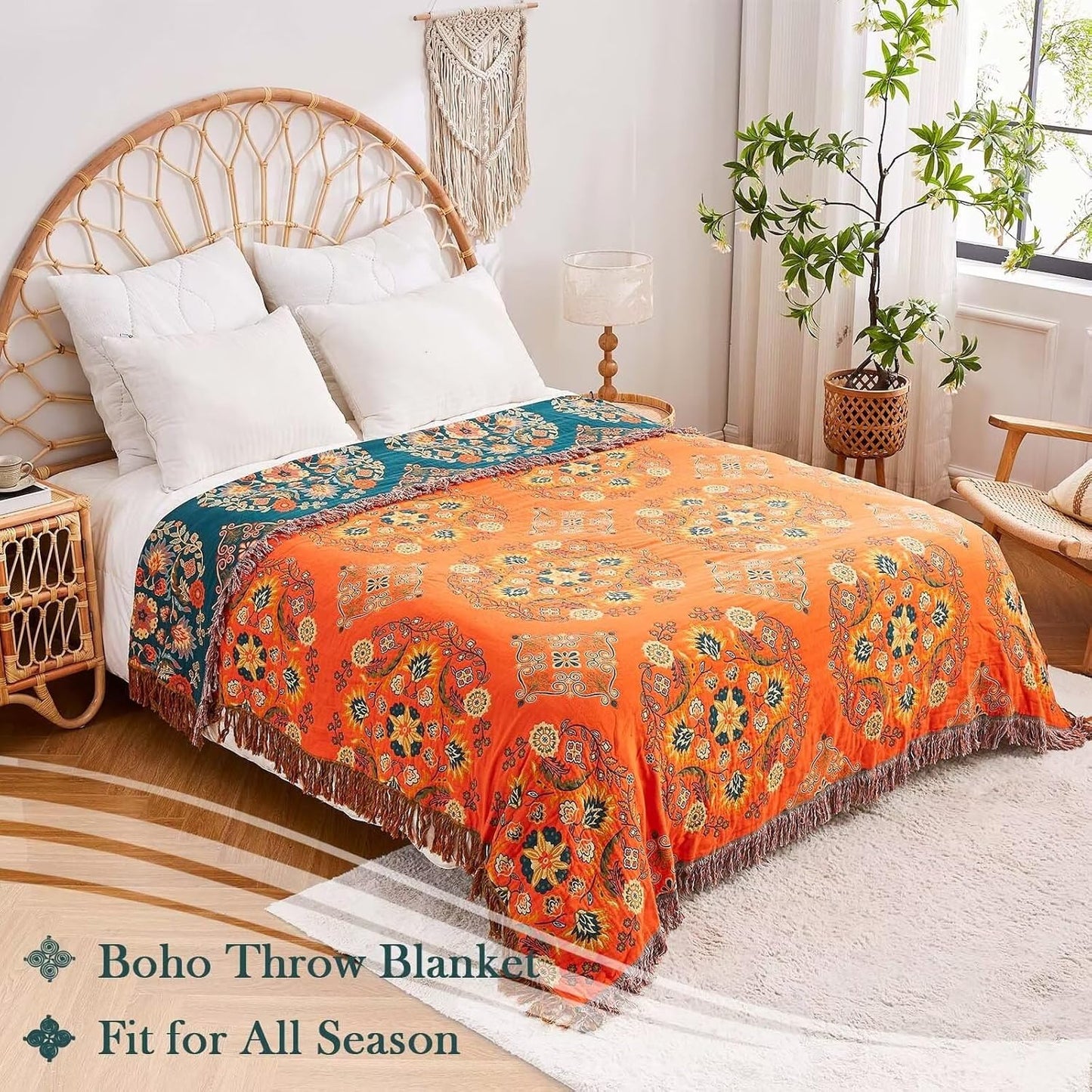 Boho Throw Blanket, 100% Cotton Ultra Soft Luxury Throw Rustic Quilt, 60"x80" Floral Printed Farmhouse Decor Bed Summer Blankets, All Season Rustic Reversible Bohemian Throw for Bed - Orange
