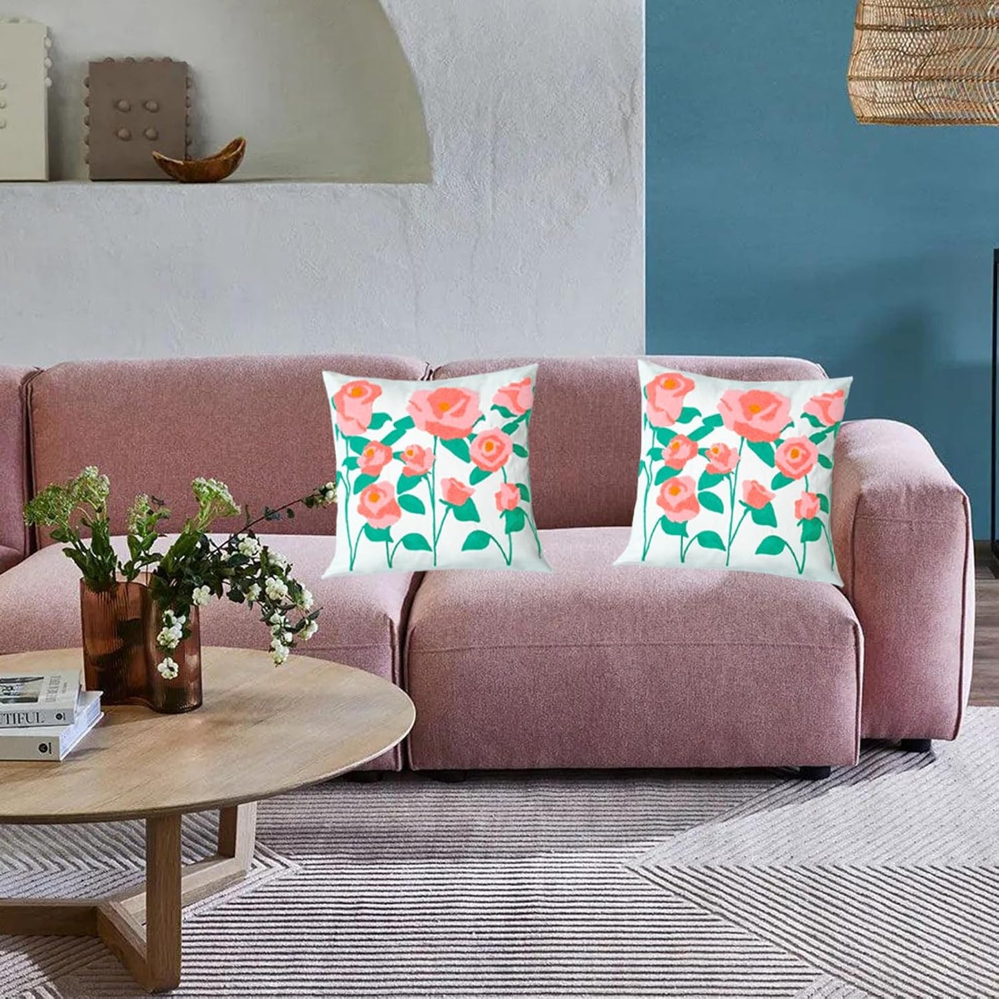 Embroidered Decorative Throw Pillow Cover, 18"x18" Set of 2, Farmhouse Pillowcase Pink Rose Knit Pattern Cotton Canvas Cushion Case Square Floral Pillow Case for Sofa Couch Bed Living Room…