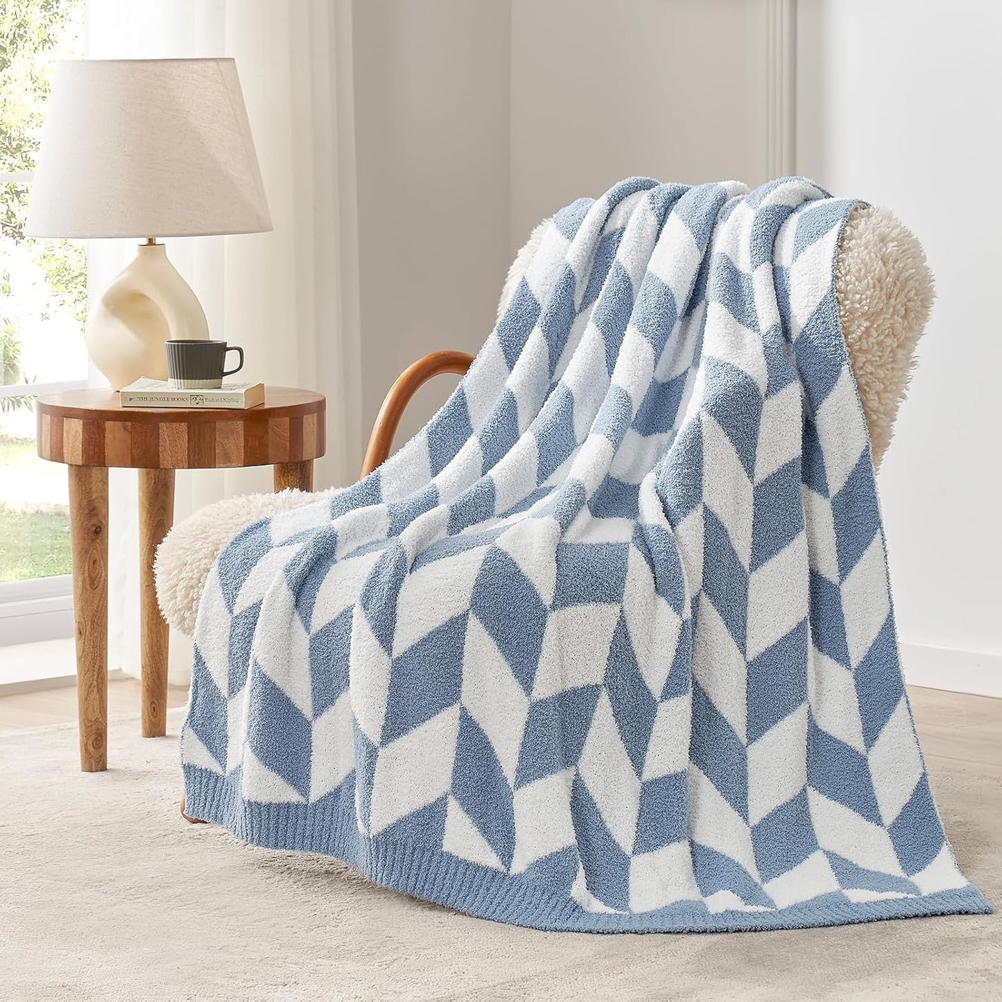 Snuggle Sac Chevron Throw Blanket for Couch, Reversible Super Soft Warm Blankets Cozy Knit Fuzzy Plush Lightweight Throws for Sofa, Bed, Camping, Blue, 50x60 inches