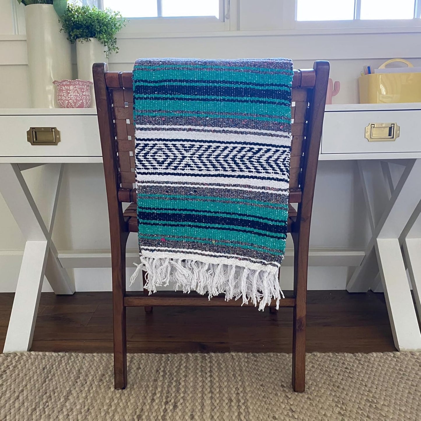 Del Mex Classic Mexican Blanket, Large Authentic Woven Falsa Throw (70"x50"), Artisan Southwest Décor for Beach, Yoga, Outdoors (Teal)