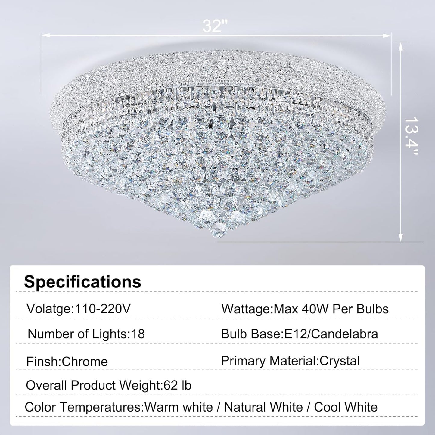 18-Light 32 inch Large Crystal Chandelier Flush Mount Ceiling Light Fixture for Living Room Dining Room Bedroom Foyer Entryway Chrome Finish
