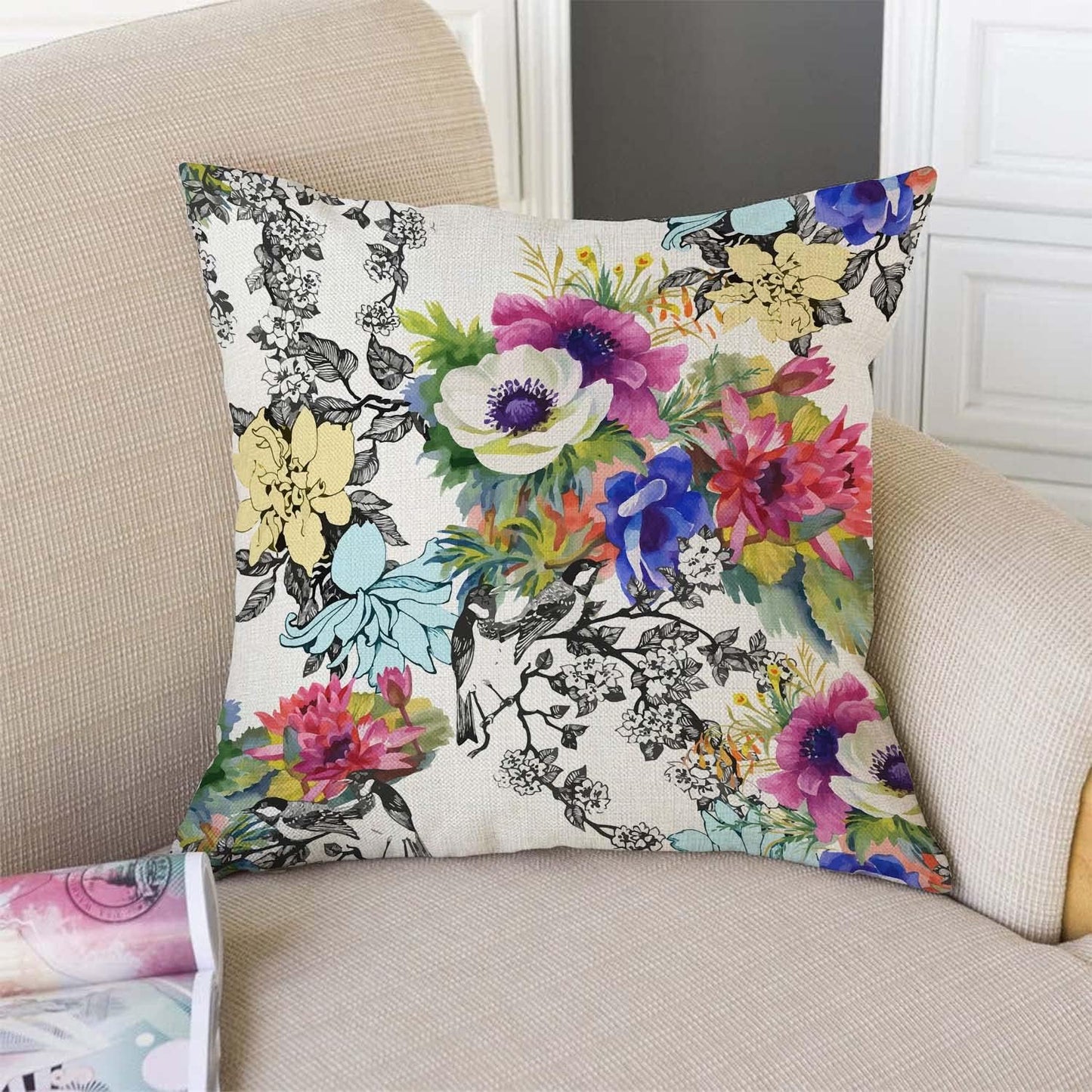 TSSOHU Throw Pillow Cover Vivid Colorful Garden Print Blossoming Wildflowers Birds Leaves Branches Decorative Throw Pillow Case Square 18" x 18" Home Couch Bed Pillowcase