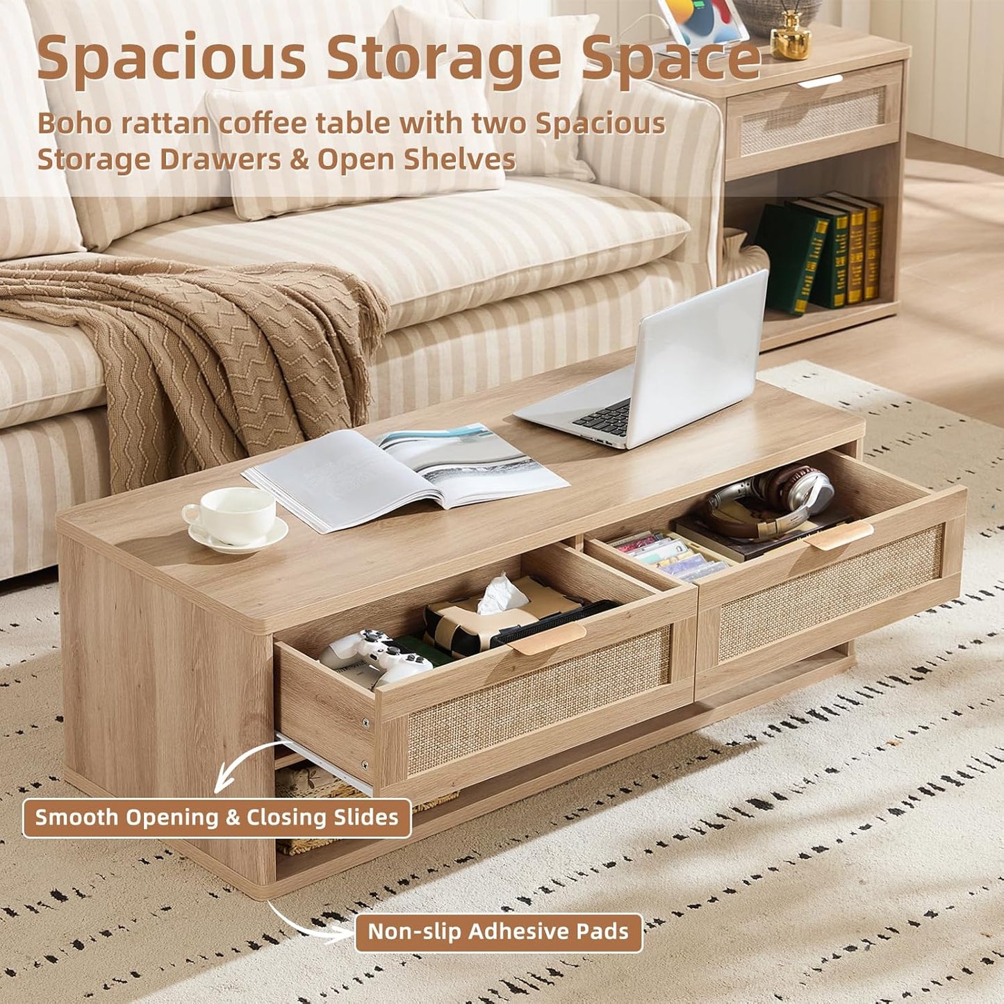 LEYAOYAO Boho Rattan Coffee Table and End Table Sets, 48" Wide Center Tables & 23" Night Stand with Charging Station Chest of Drawers, Natural Wood Coffee Table for Living Room 3 Piece Set