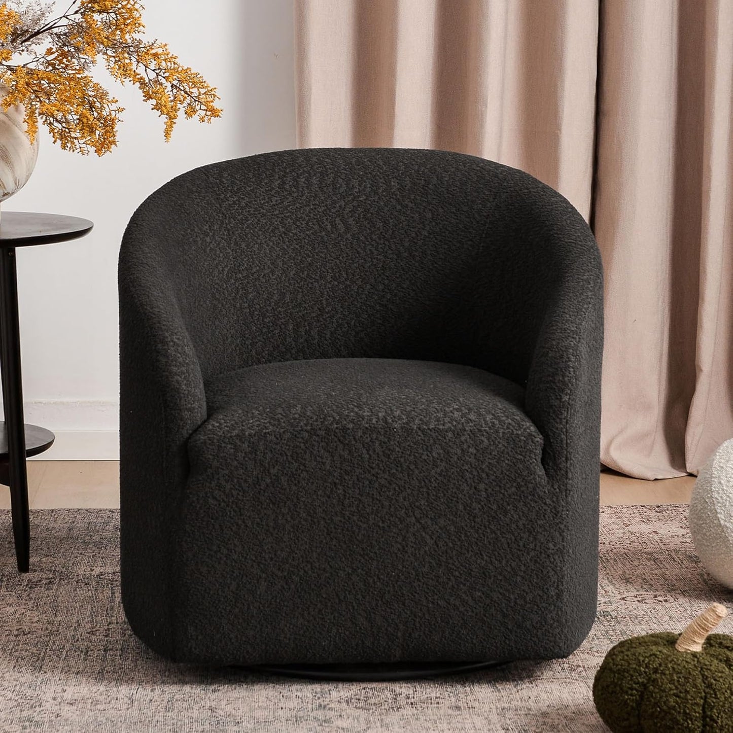 KINWELL 32" Wide Modern Boucle Swivel Barrel Chair, No Assembly Round Upholstered Swivel Accent Armchair for Living Room, Bedroom, Office (Black)