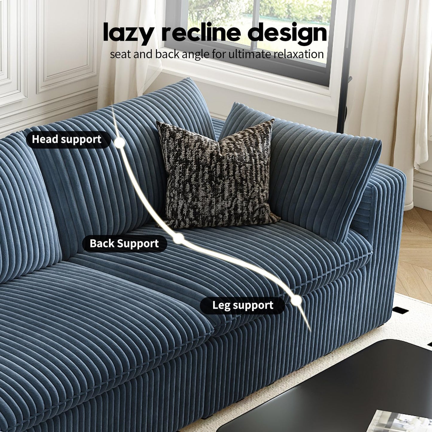 LoveSeat Cloud Couch Modular Sectional Sofa for Living Room,Modern Sofa with Deep Seat，2 Seater Boneless Couch,Comfy Upholstered Corduroy Couches for Apartment, Studio, Office,Bedroom，Blue