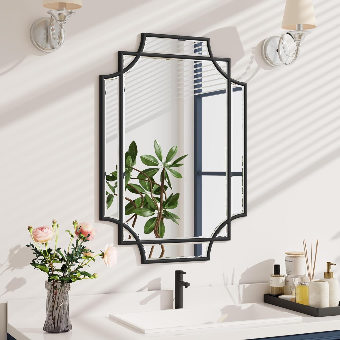 Bathroom Mirror for Wall Black Farmhouse Wall Vanity Mirror for Over Sink Wood Framed Beveled Mirrors Deco（20 * 28IN/Black）