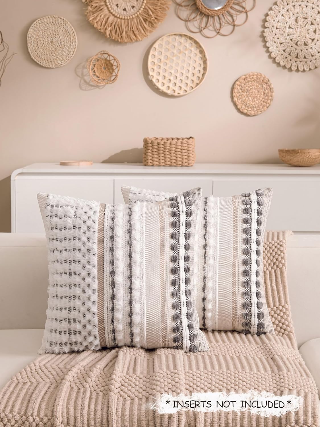 Boho Chenille Tufted Couch Throw Pillow Covers 18x18 Inch Set of 2 Farmhouse Striped Decorative Pillow Covers Accent Neutral Square Pillowcase Grey Cushion Covers for Livingroom Sofa Bed