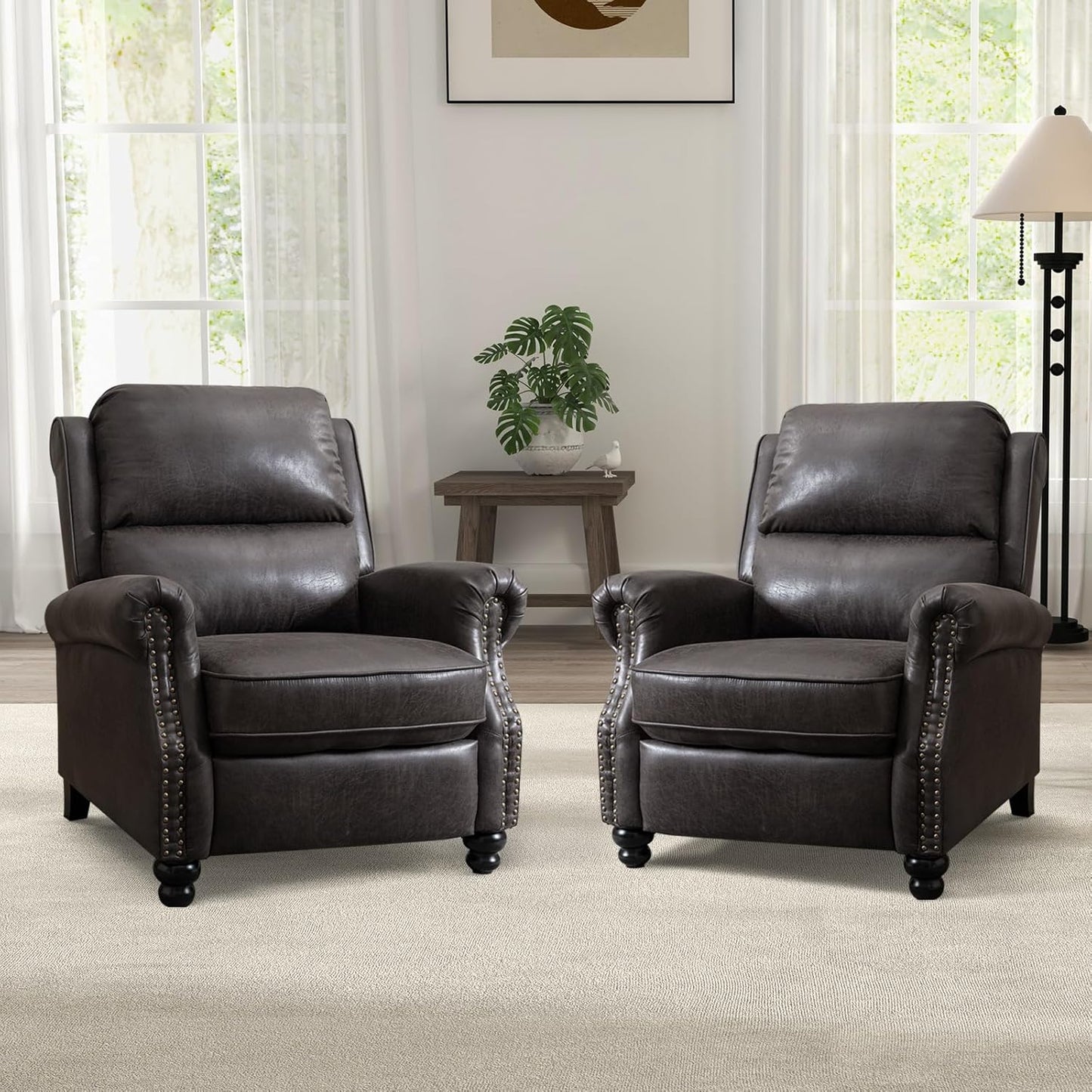 CANMOV Pushback Recliner Chair Set of 2, Faux Leather Armchair Push Back Recliner with Rivet Decoration Single Sofa Accent Chair for Living Room, Dark Grey