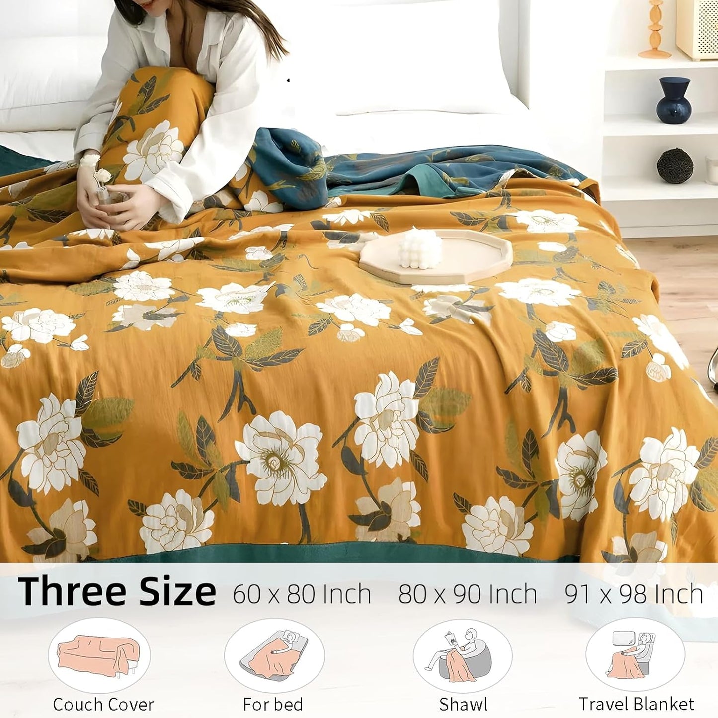 Boho Throw Blanket for Bed - 100% Pure Cotton Ultra Soft Rustic Quilt - Farmhouse Decor Bed Blankets, All Season Rustic Throw for Sofa Couch Chair(91''x 98'', Flower Branch 2)