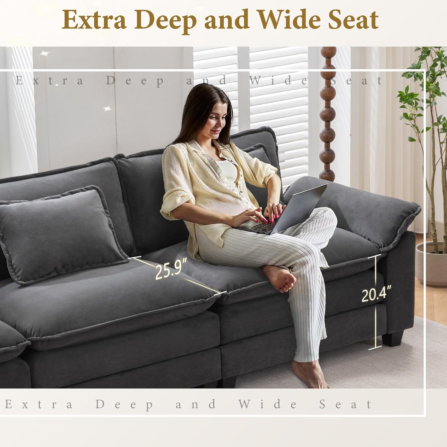 URRED Modular Sectional Sofa Comfy Cloud Couch, Modern Velvet Sofa Sleeper Deep Seat Couches with Ottoman/Pillows for Living Room (Dark Gray, 117'' - U Shape)