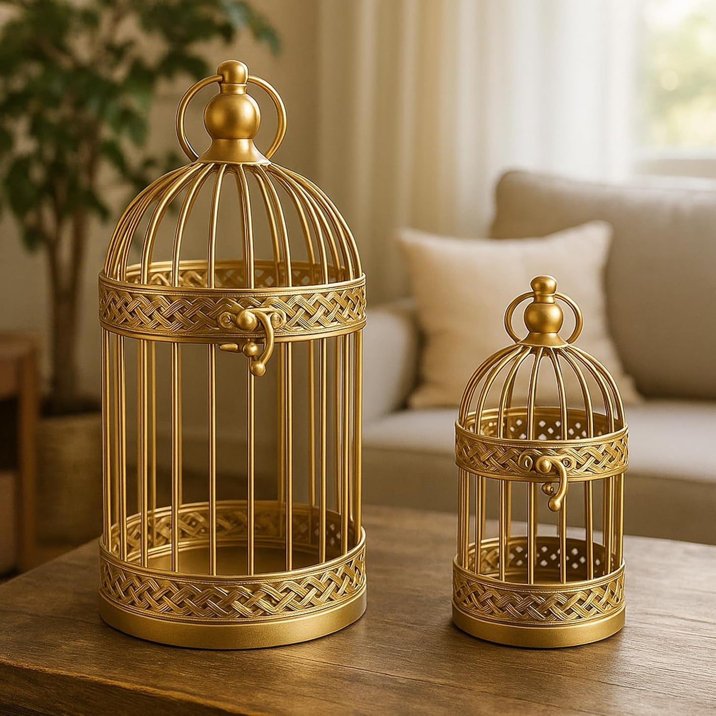 VELA LANTERNS Birdcage Decor Candle Holder Lantern Decorative Wedding Table Centerpiece Decorations, 10" and 6" Tall, Gold, Set of 2