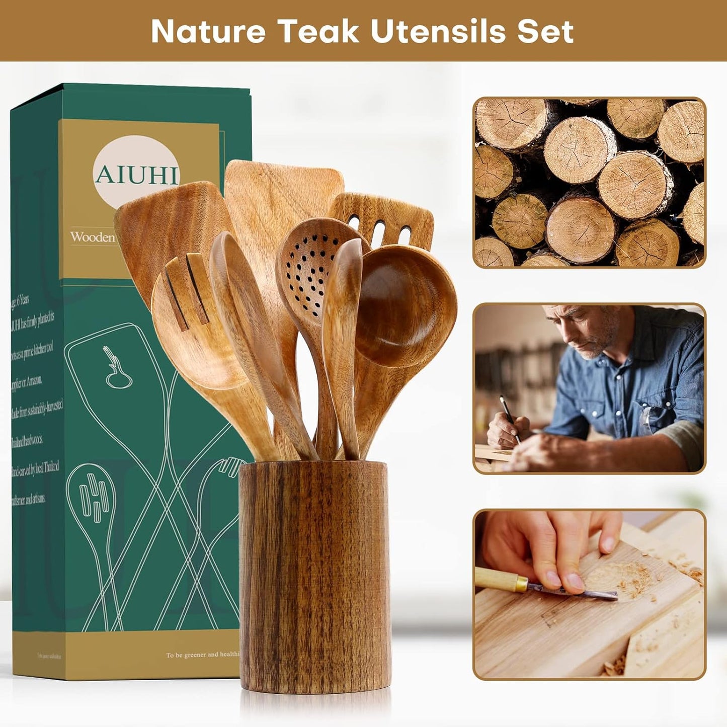 AIUHI Wood Spoons for Cooking, Nonstick Kitchen Utensil Set, Wooden Spoons Cooking Utensil Set Non Scratch Natural Teak Wooden Utensils for Cooking (Teak 8 Pack)