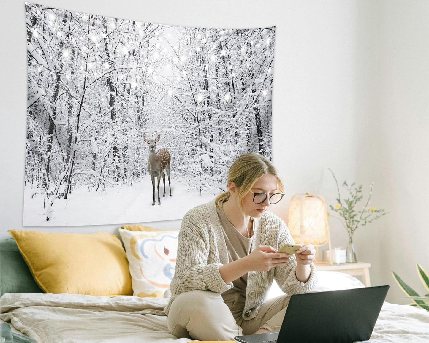 QGHOT Winter Tapestry Wall Hanging Snow Scene Backdrop Winter Wonderland Wall Decor Snowy Forest Wall Art Nature Woodland Deer Tapestry for Bedroom Room Dorm Party Decoration