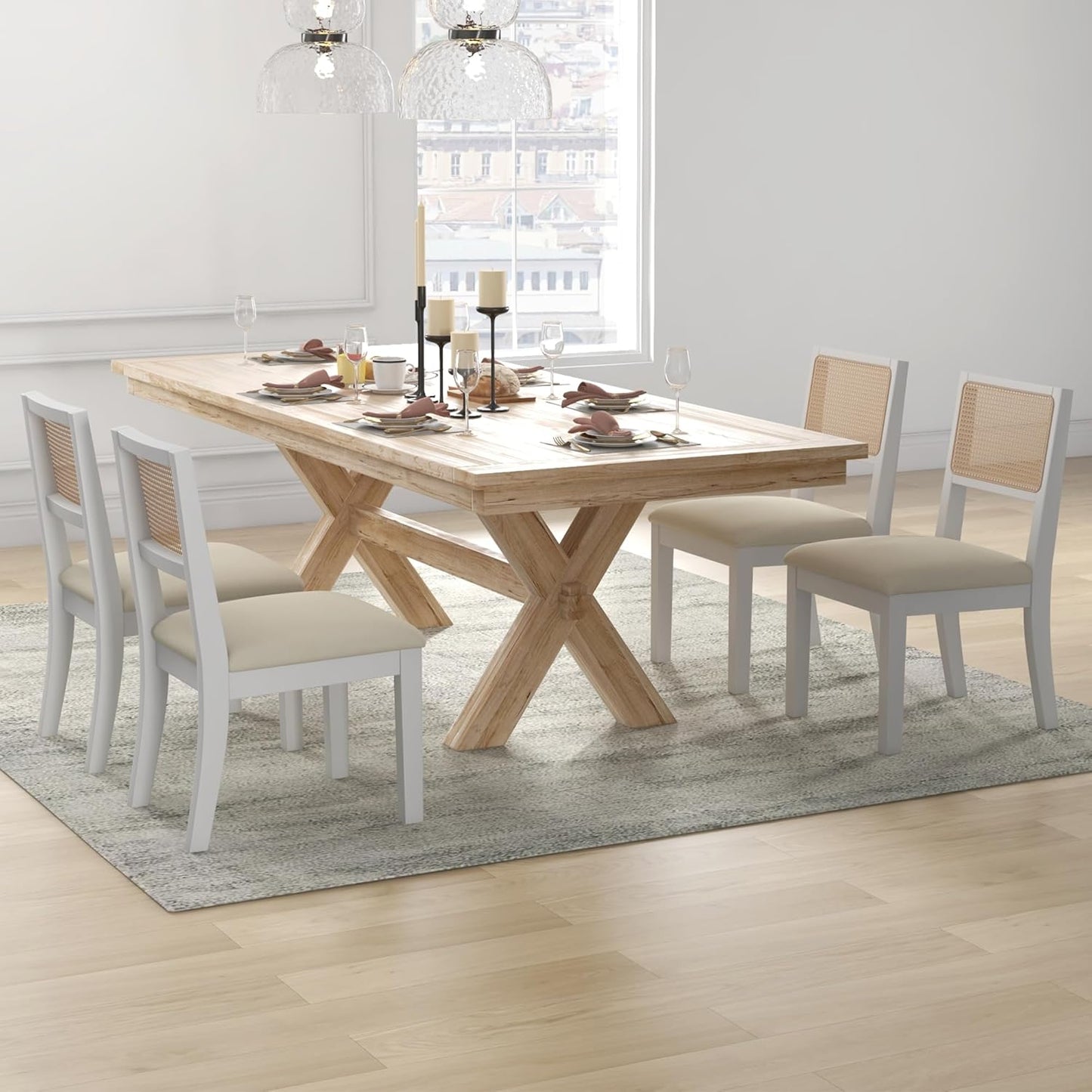 Westice Rattan Dining Chairs Set of 4, Farmhouse Natural Dining Room Chairs with Upholstered Cushion, Wood Armless Chairs for Kitchen/Restaurant, White