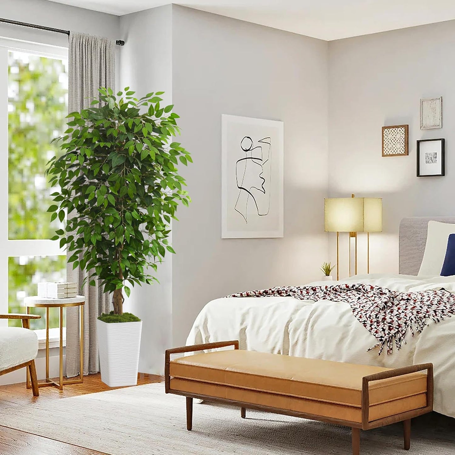 Artificial Ficus Tree 6FT Faux Floor Tree with Planter UV Resistant Potted Fake Silk Plant, Real Wood Trunk-Indoor Outdoor Lifelike Fake Ficus Tree for Home, Living Room Bedroom Topiary Tree