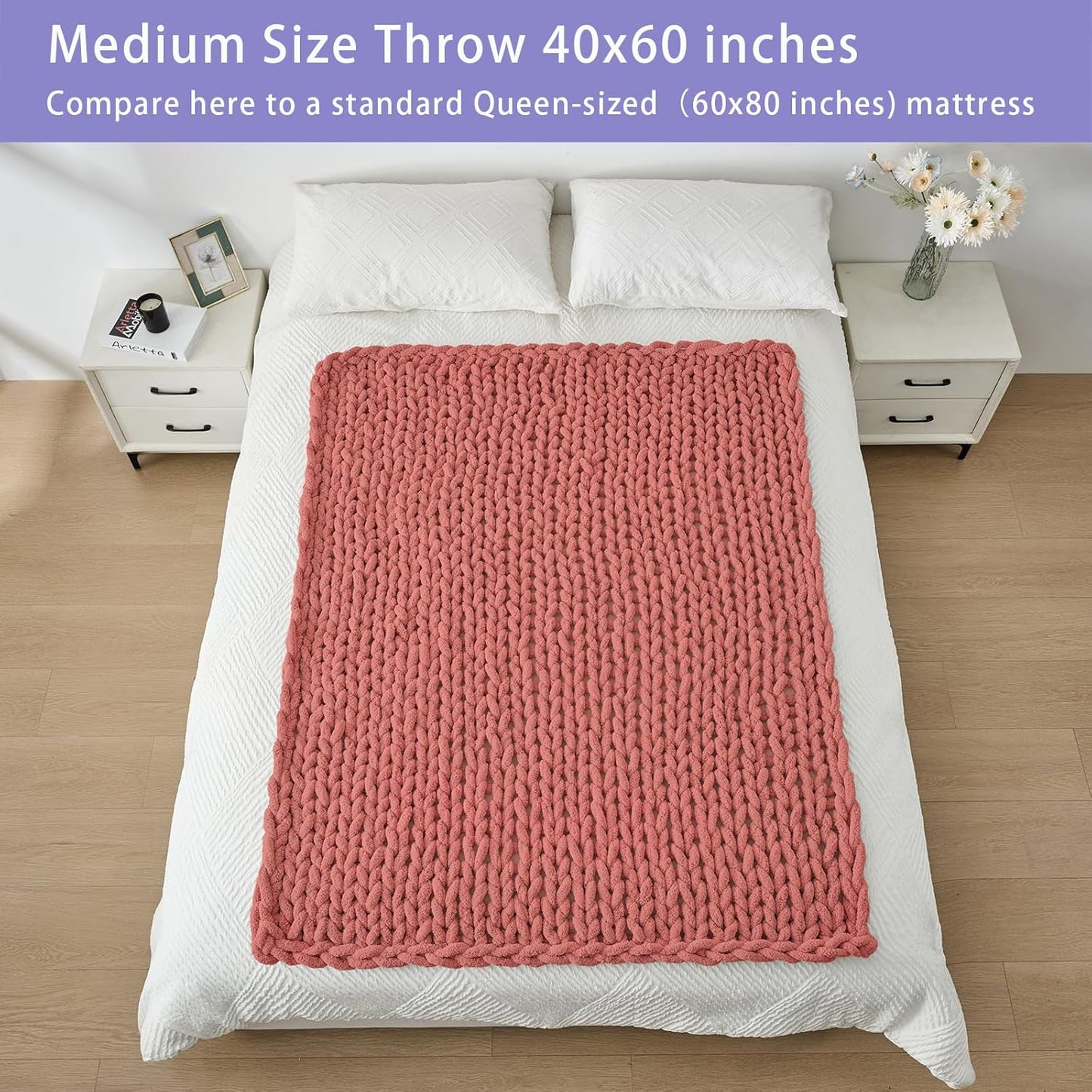 Bigacogo Chunky Knit Throw Blanket for Couch, 40x60 inches, 100% Hand Knitted with Thick Jumbo Chenille Yarn, Cozy Soft Large Rope Knot Cable Crochet Blankets for Sofa Bed Living Room, Antique Red