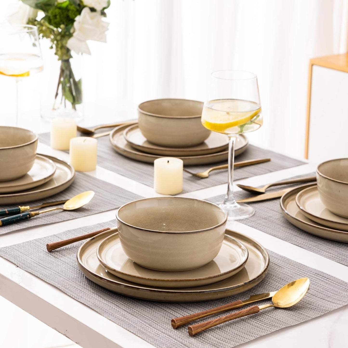 GBHOME Ceramic Dinnerware Sets for 8, 24 Pieces Stoneware Plates and Bowls Sets, Scratch Resistant Dishes, Dishwasher & Microwave Safe, Reactive Glaze-Cappuccino