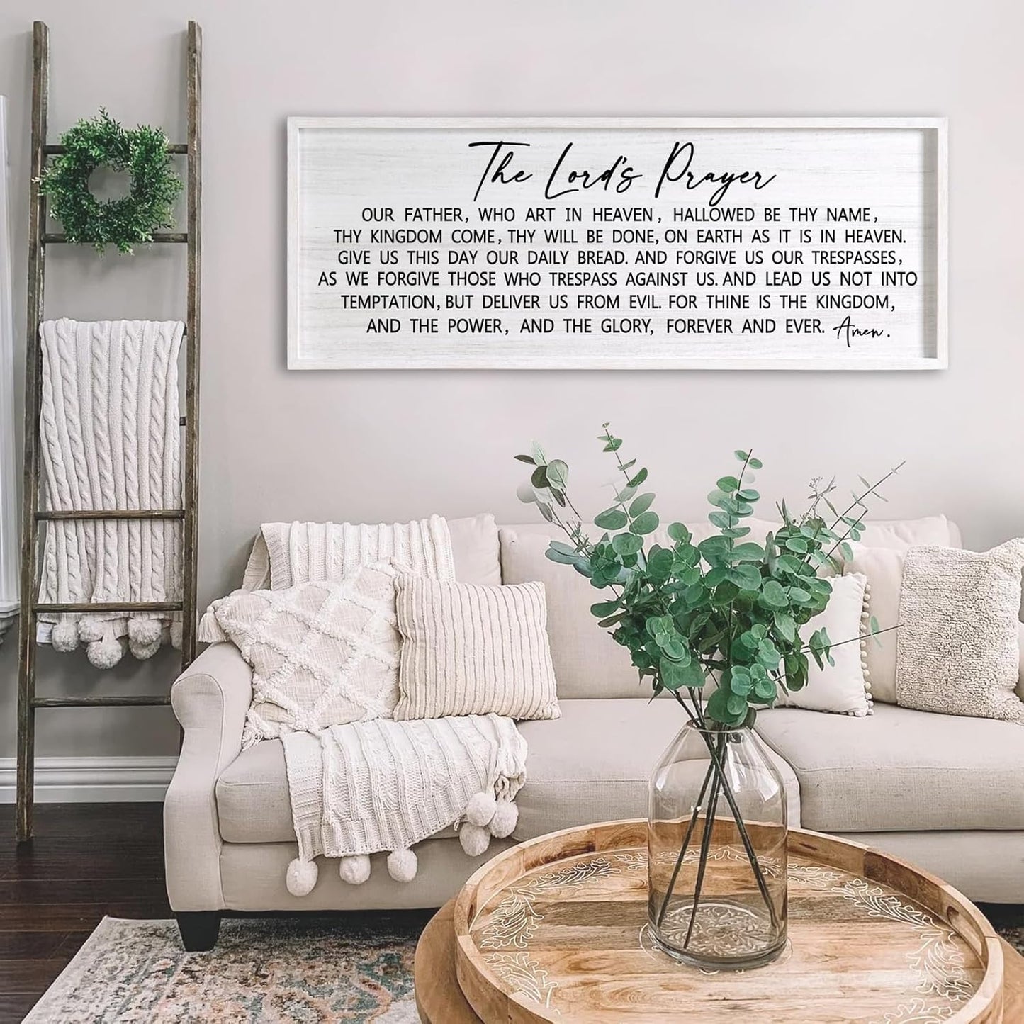 Our Father Prayer Bible Verse Framed Wall Art, 40''×15'' White Horizontal Religious Christian Lords Prayer Sign for God Jesus Christ Prayer, Rustic Holy Inspirational Catholic Scripture Decor