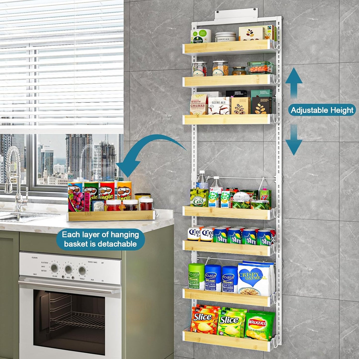 bukfen Over the Door Pantry Organizer 8-Tier Adjustable Basket Kitchen Pantry Door Organization and Storage, 2 in 1 Wall Mount or Hanging Heavy-Duty Metal Hanging Kitchen Spice Rack