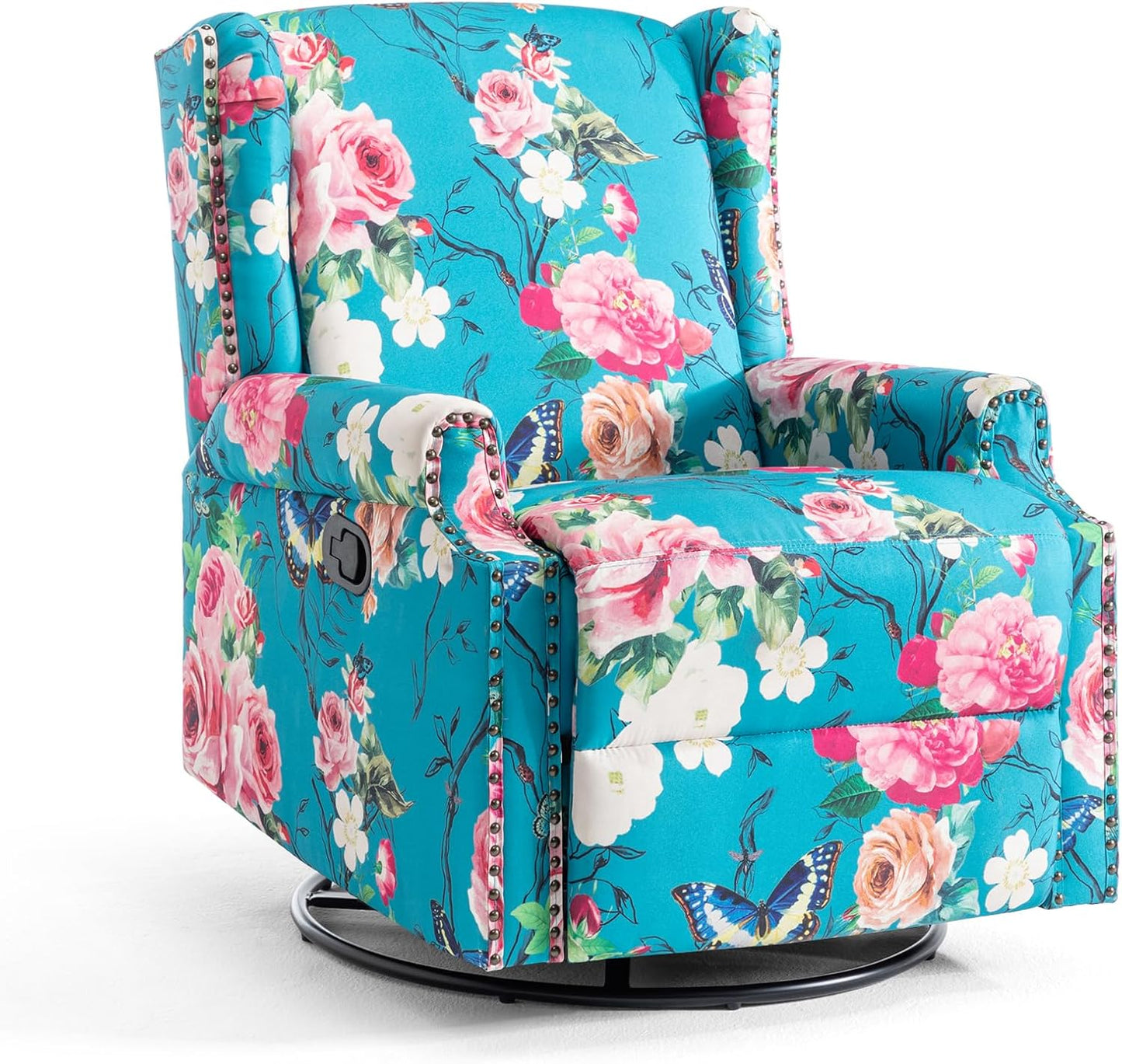 UIXE Swivel Rocker Manual Recliner Chair, Wingback Swivel Glider Fabric Nursery Reclining Sofa Chair, High Back Upholstered Arm Chair for Living Room Bedroom - Peacock Blue