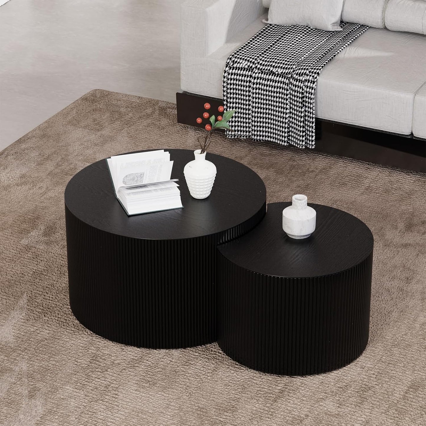 Round Nesting Coffee Table Set of 2 Handcraft Circle Fluted Nesting Coffee Tables Circular Side Table Drum Accent End Tables for Living Room Bedroom (Black Large)