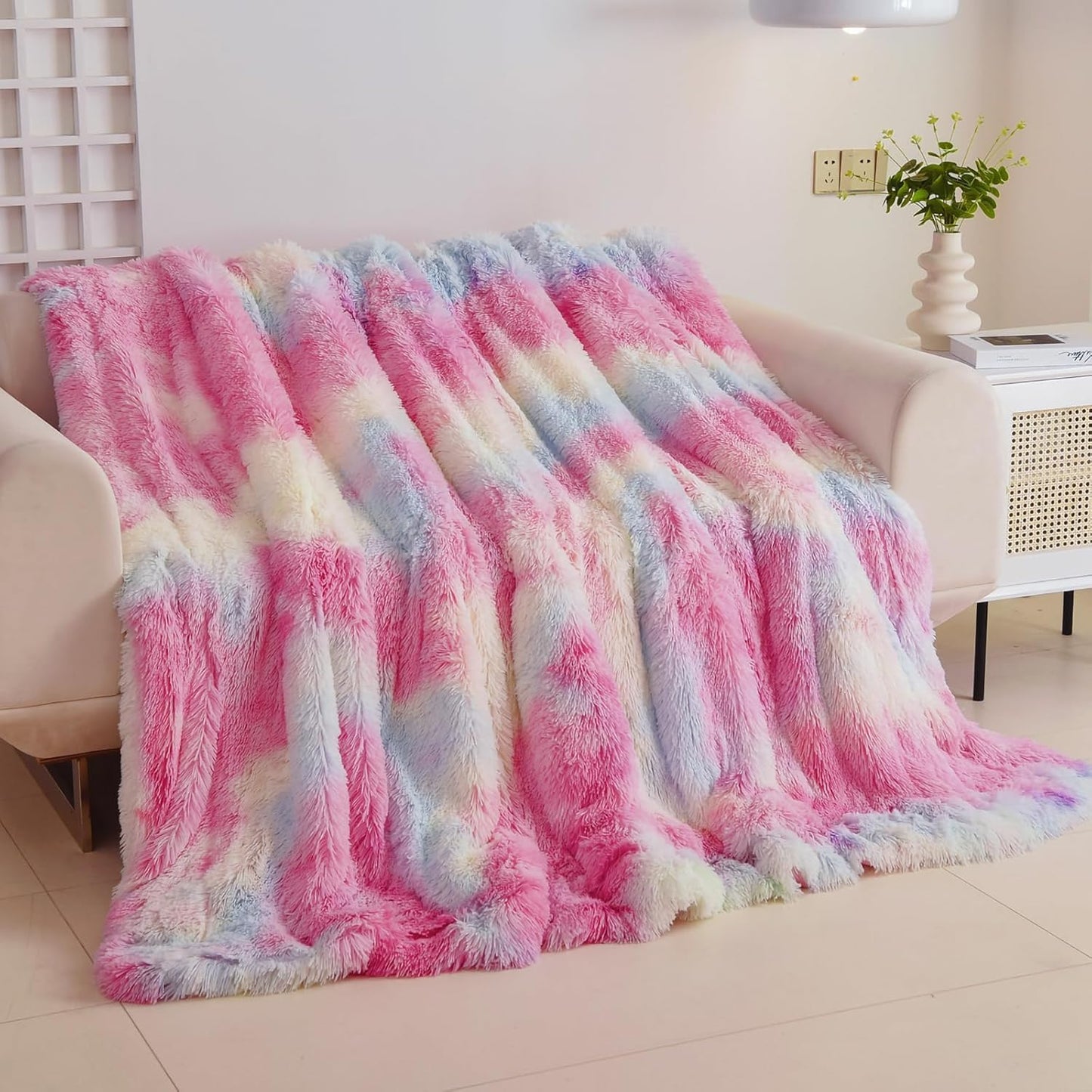 GONAAP Fuzzy Faux Fur Throw Blanket Queen Size Tie-dye Rainbow Super Soft Cozy Plush Fuzzy Shaggy Blanket for Couch Sofa Bed (Tie-dye Rainbow, Queen(90"x90"))