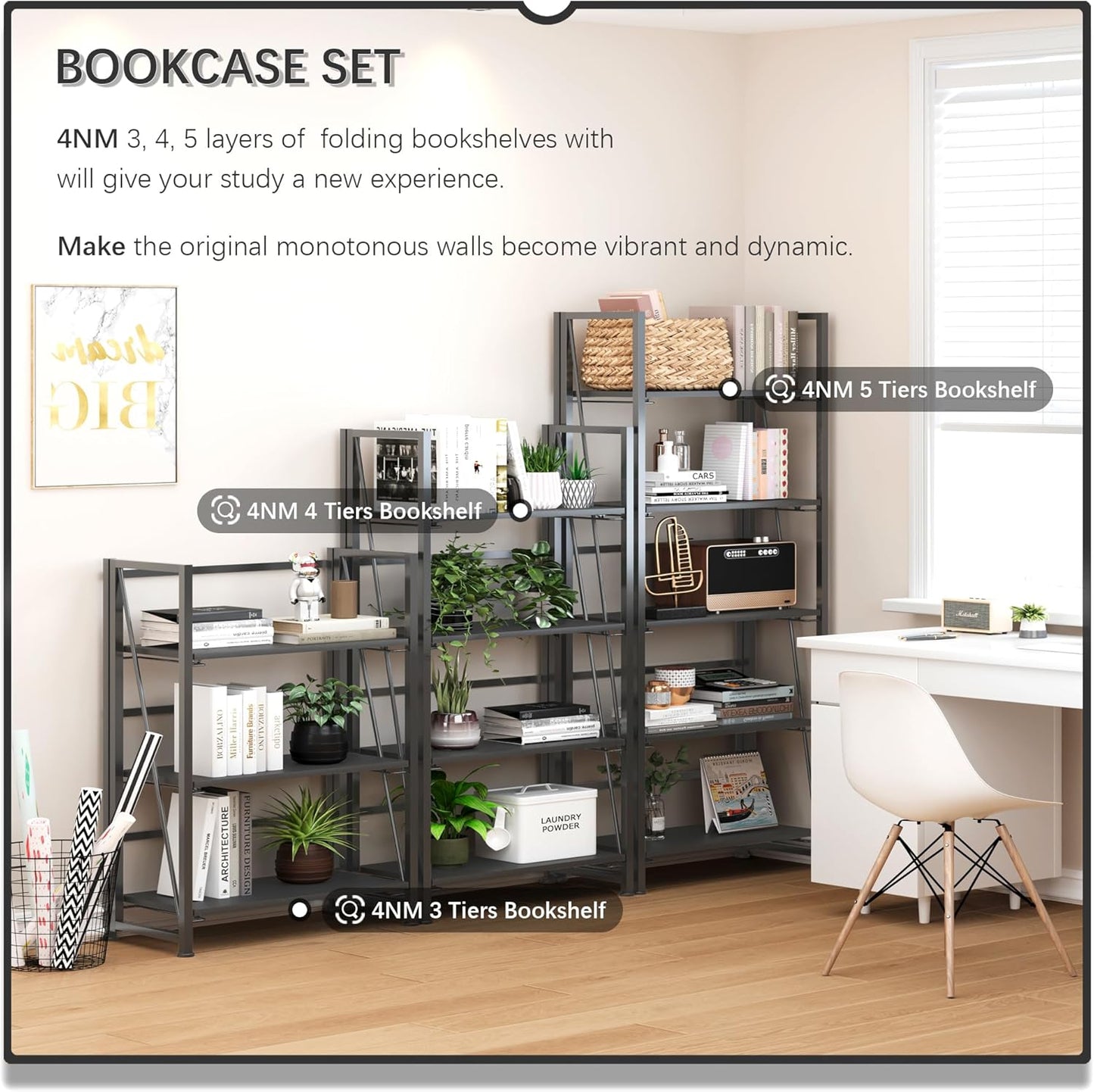 4NM No Assembly Foldable Bookshelf, 5-Shelf Collapsible Bookcase Storage for Small Spaces, 62.2" H, All Black