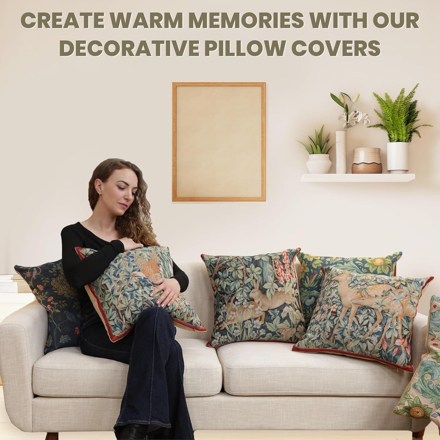 Charlotte Home Furnishings Decorative Tapestry Pillow Cover 19x19 in, Blue Tree Couch Throw Pillow Cover, French Country Square Cushion Cases for Living Room Home Decor, Soft Cotton Jacquard Woven