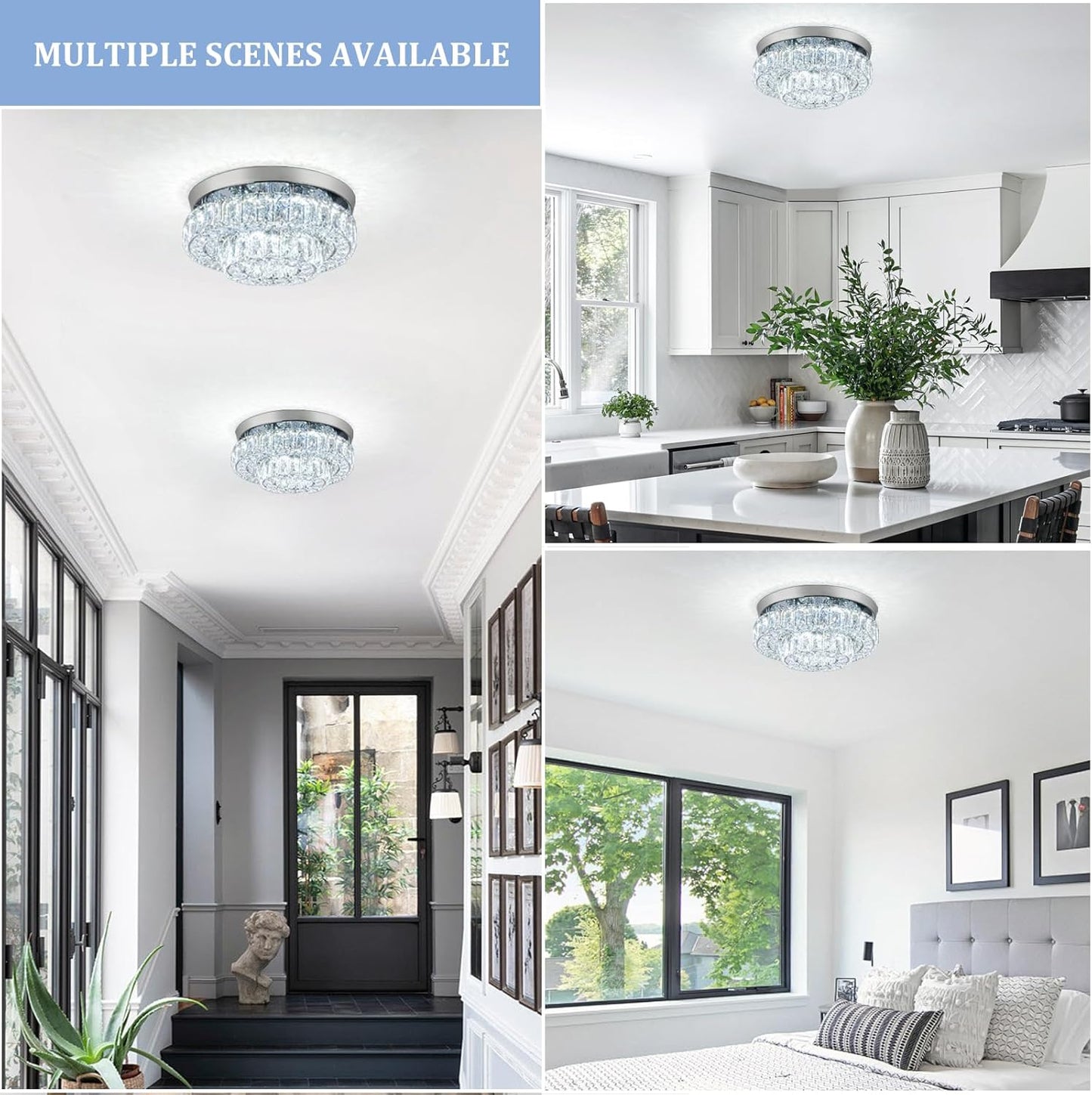 12 Inch Crystal Chandelier LED Ceiling Light 2 Tier Flush Mount Ceiling Light Fixtures Modern Chandelier Lighting for Hallway Bedroom Dining Room Kitchen (Cool White)